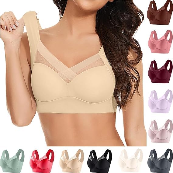 Rosy Lift Bra Oversized Seamless Wirefree Bras for Older Women 2026 Wireless Posture Correcting Push Up Anti Sagging Full Coverage Ice Silk Bra Sports Bra Plus Size Support brasieres Beige