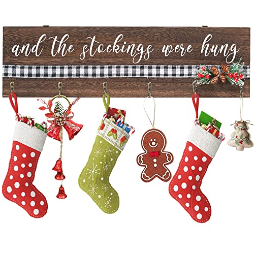 NEWLIGHTURE Christmas Stocking Holder, The Stockings were Hung Sign Wood Christmas Stocking Holder with 6 Hooks Wood Wall Mount Holder for Mantle Fireplace 24.5inch