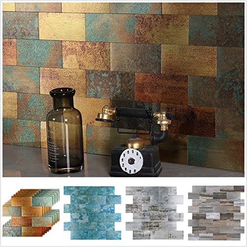 HomeyMosaic 10-Sheet Peel and Stick Backsplash Tile for Kitchen Aluminum Subway 3D Wall Sticker Panel Retro Bronze