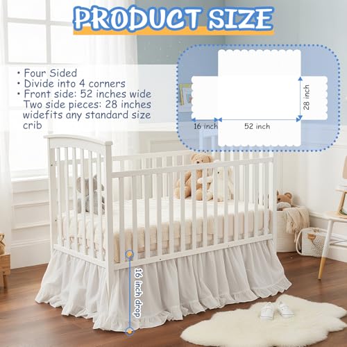 Image of Hahafelt White Crib Skirt for Baby Girls & Boys, 28 inch x 52 inch with 16 inch Drop-100% Washed Cotton Dust Ruffle Bed Skirt, Soft Nursery Bedding, Fits Standard Toddler Cribs, Boho Farmhouse Decor
