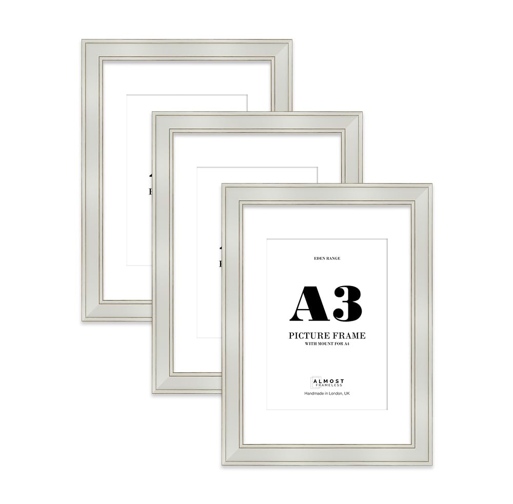 A3 Light Grey Picture Frame with A4 Mount - Shabby Chic Photo Frame with Distressed Finish, Gold Trim, Wall Hooks, 37mm Edge - 3 Pack