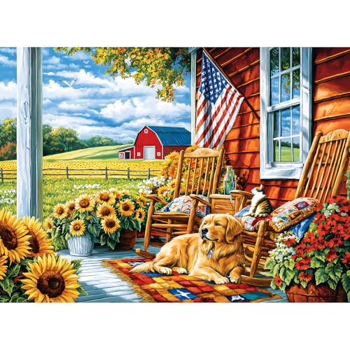 Rompecabezas jigsaw de 300 piezas para adultos y niños, tema vida rural con perro, gato y girasoles, tamaño 20,5 x 15 pulgadas, caja de regalo exquisita miniatura 1