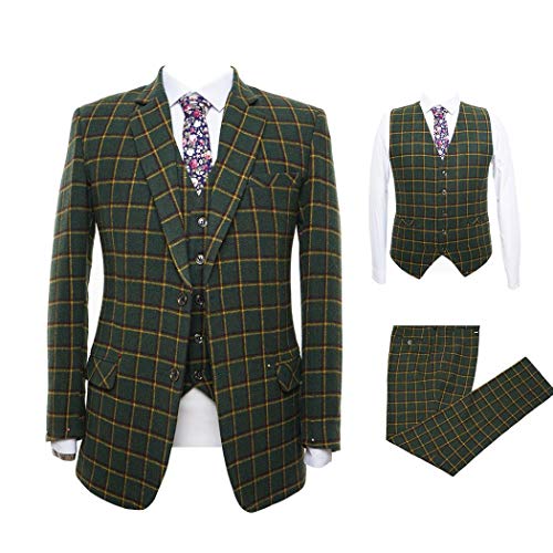 Classic Vintage Olive Green Mens Suits Plaid Wool Blend Tweed 3 PCS Suits Tuxedo Blazer