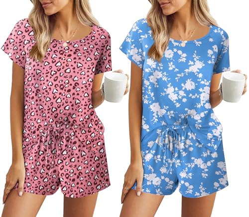 Image of Ekouaer 2 Pack Womens Pajama Sets Short Sleeve Sleepwear Soft Crew Neck Pj Shorts Set Printed Loungewear Set S-XXL