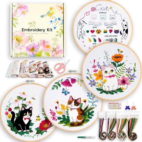 Embroidery Kit for Beginners 4 Sets Cat Embroidery Kits Needle Point Kits for Adults Beginner with Full Package Embroidery Supplies Detailed Easy-to-Follow Instructions Gift for DIY Lovers