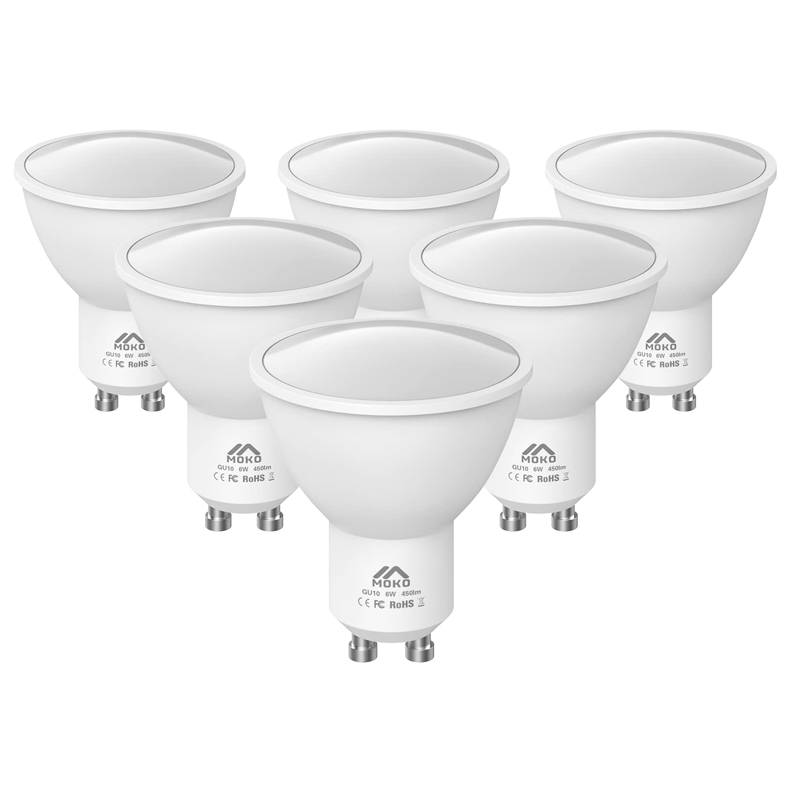 MoKo GU10 LED Light Bulbs, 6W(40W-50W Halogen Equivalent) GU10 LED Spotlights 450 Lumens LED Bulbs 3000k Warm White Light 120 Degree Beam Angle GU10 Base Spotlights,6 Pack