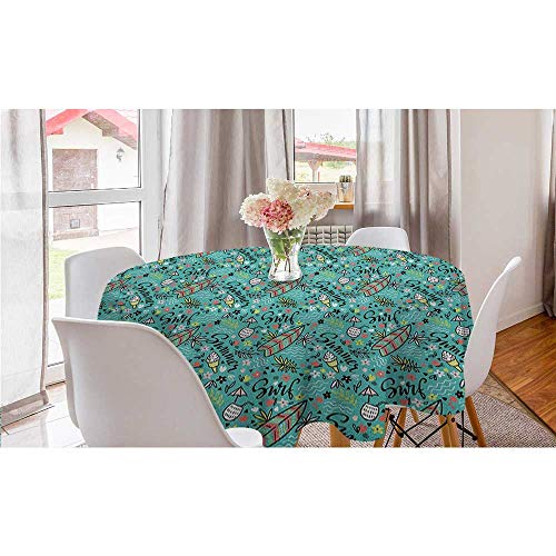 Philip C. Williams Tropical Composition Cocktail Ice Cream Floral Elements and Lettering Round Table Clothes Surfboard Kids Picnic Table Modern Round Tablecloth Turquoise Multicolor Diameter 50" inch