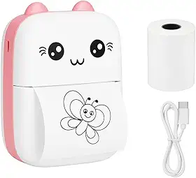 Mini Impressora Portátil Térmica Adesiva Bluetooth Sem Fio | Impressão de Fotos, Etiquetas, Lembretes e QR Code | Filmadora Infantil Divertida Full HD | Compatível com Android e iOS (Branco e Rosa)