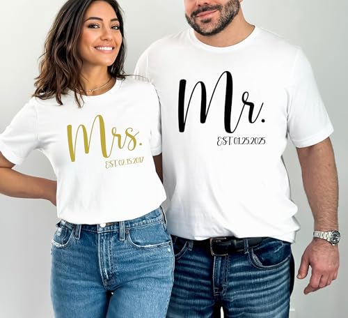 Mr and Mrs Shirts Matching Couple Shirts Just Married Tees Honeymoon Tshirts Wedding Tshirts Cute Couples Outfits Hubby and Wifey Tshirts Custom Date Est4
