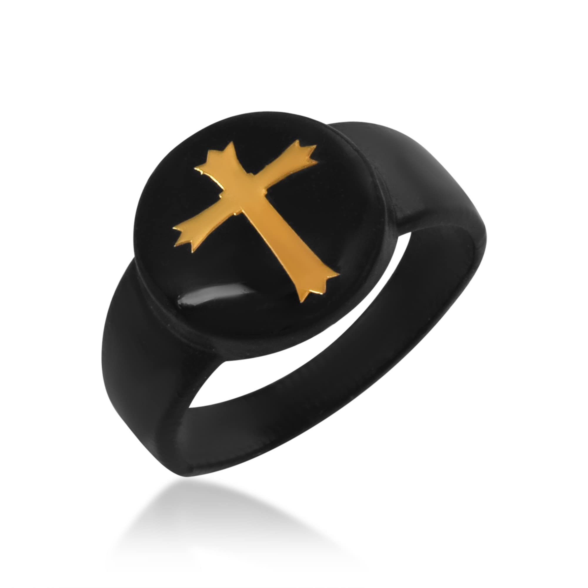 missmister: lifestyle for a grand life Missmister Brass Black Gold engraved Laminated Round shape Crucifix Cross Christian finger ring Men Women-picture-11