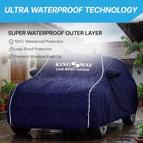 Image of KINGSWAY Super Waterproof Car Cover Only with Duster (Year 2026 Onwards - All Model) | Mirror and Antenna Pockets | All Weather Car Body Cover with Silver Piping | Blue