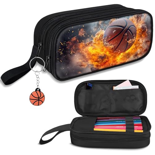 Image of TILYTADLY Large Pencil Case for Boys - Basketball Boys Pencil Pouch with Zipper Compartments - Big Capacity Pen Box Pen Bag Organizer with Keychain for Kids Teens School