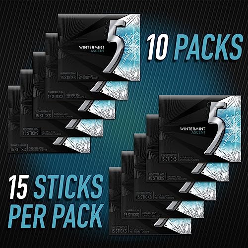 Image of 5 GUM Wintermint Ascent Sugar Free Mint Chewing Gum, 15 Stick, 10 Pack
