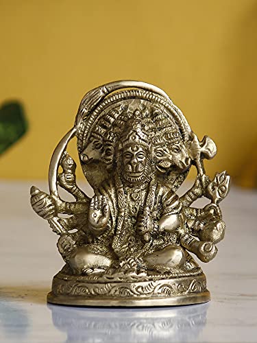Image of eCraftIndia Golden Brass Handcrafted Sitting Panchmukhi Hanuman Statue - Bajrangbali Religious Idol Murti - Perfect for Home, Office Entrance, Pooja Room, Temple Mandir - Ideal for Gift Purpose
