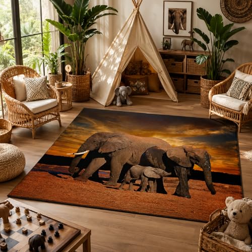 9CH African Elephant Sunset Area Rug, Non-Slip African Rugs for Living Room Bedroom Dinning Kitchen Office Large Carpet Rug 7'X5'
