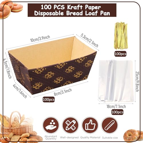 100 Pcs Paper Loaf Pan Mini Disposable Paper Baking Bread Loft Mold Microwave Oven Freezer Baking Pan 100 Pcs Reusable Clear Plastic Bread Bags with Ties for Baked Goods Bakery (3.1 x 1.6 x 1.8 Inch) - Image 3