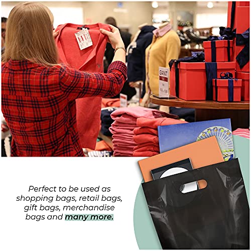 100 Pack 12\" x 15\" with 1.25 mil Thick Black Merchandise Plastic Glossy Retail Bags - Die Cut Handles - Perfect for Shopping, Party Favors, Birthdays, Parties - Color Black - 100% Recyclable - Thumbnail 3