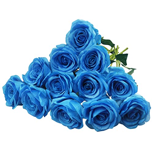 YiYa 12 Stück Künstliche Rosen Blumen Rose Künstliche Blume Künstliche Rosen für Zuhause Hochzeit Verlobungszeremonie Jahrestag Valentinstag Party Dekoration (Blau)