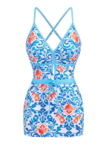 Image of ZAFUL Women's One Piece Swimsuit with Skirt V Neck Colorblock Bathing Suit | Front Cut Out Swimsuit Criss Cross One Piece Bathing Suit