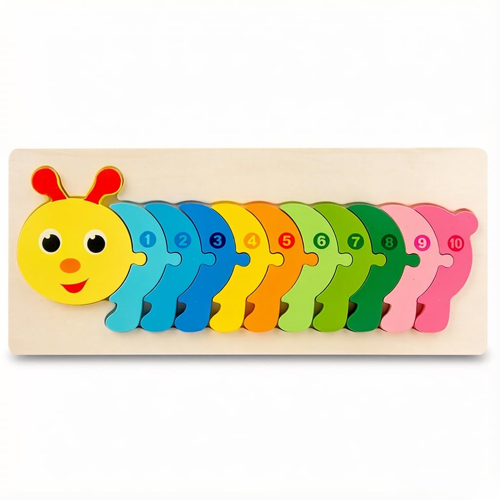 Satiskid Wooden Number Puzzle, Montessori Wooden Toys Counting Caterpillar Toddler Wooden Jigsaw, Educational Puzzles for Kids Ages 1-3