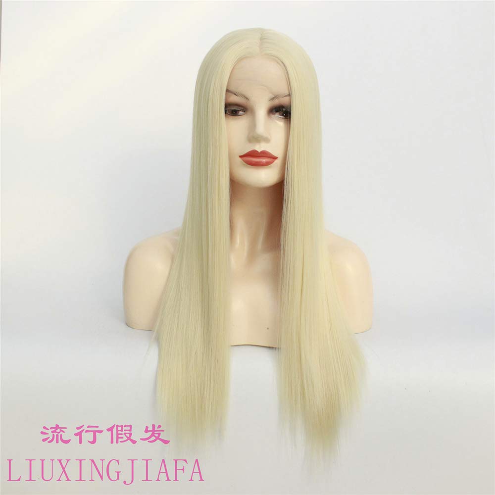 Fancy Dress Wigs Synthetic Wig Light Gold Medium Long Straight Hair Silk Fiber High Temperature Silk Front Lace Half-Hand Hook Synthetic Wig Head Set 60Cm