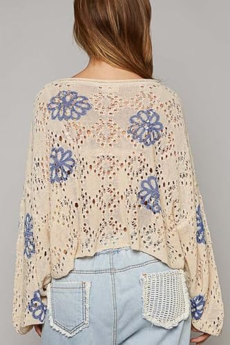 Trendy Long Sleeve Round Neck Sweater: Beige Floral Print3