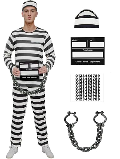 HarnyLoom Disfraz Prisionero Hombre, Disfraz de Preso Adulto Traje Carcel Convicto Tops Pantalones Gorro Cosplay Carnaval Halloween Fiesta (XL) | Ya disponible en tu tienda friki favorita! En mundofriki.es!