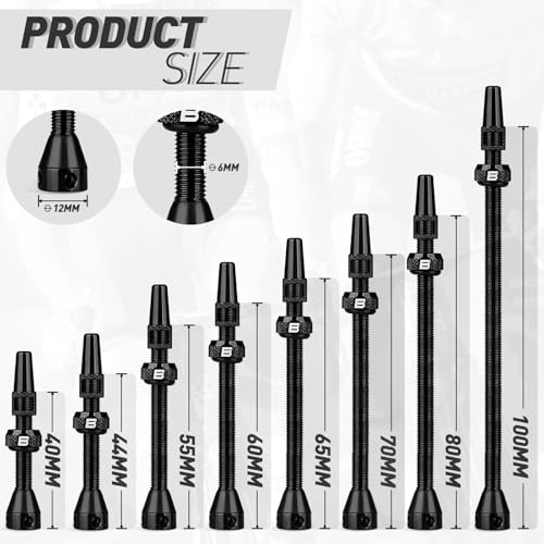 Image of BWSHLF Tubeless Presta Valve Stem 40 /44 /55 /60 /65 /80 /100 mm, Super Light Alloy Presta Valve Stem Kit with Valve Core Remover Tool and Valve Stem Caps - Multiple Color and Size Options(Pair)