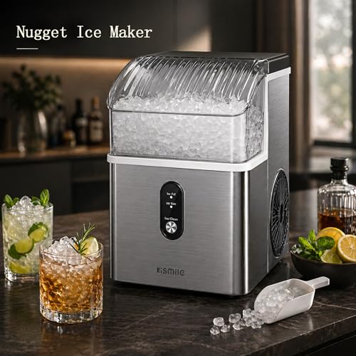 Image of Kismile Nugget Ice Maker Countertop, Sonic Ice Maker with 35Lbs /24H, First Ice in 7 Mins, 1.2L Water Tank, Ice Basket Holds 2.2Lbs, Self-Cleaning Pebble Ice Machine for Home Kitchen Office Bar(Silver)