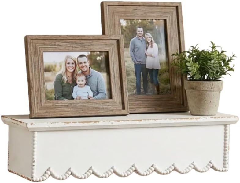 SOFE Rustic Wood Shelves for Wall - Shelf for Bedroom Bathroom Kitchen Small - White Scalloped Shelves - Bookshelf Storage Organizer - Plant Collectibles Display Shelving Wall Mounted
