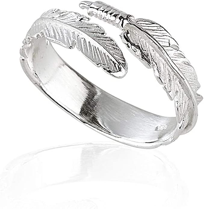 Solid 925 Sterling Silver Angel Wing Feather Adjustable Ring Size LR