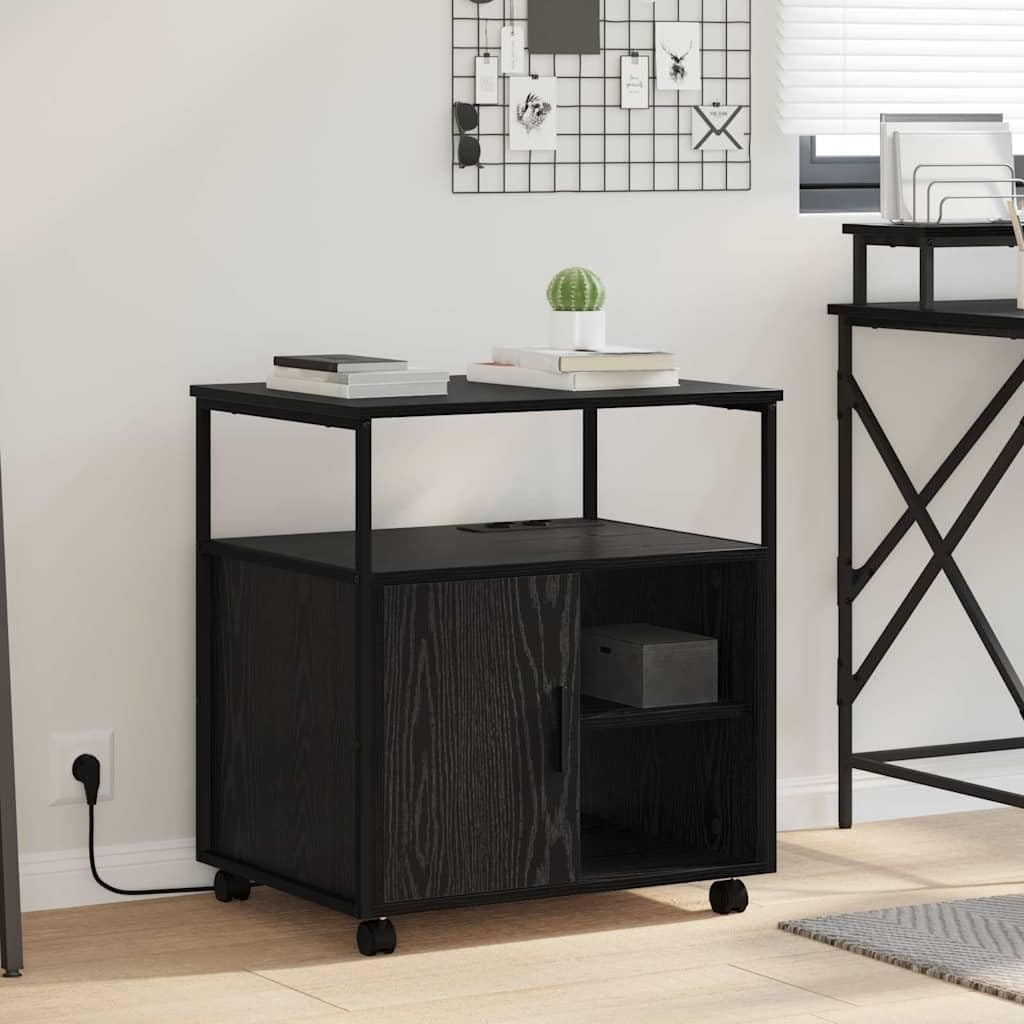 Armadio con stazione di ricarica, effetto rovere nero, armadietto portaoggetti con ruote, 3 ripiani, 4 scomparti, in legno, 61 x 46 x 67 cm, per ufficio, casa e mensola