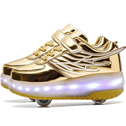 AIkuass Roller Skates- Kids USB Charge Roller Shoes for Girls Boys Kids LED Light Up Sneakers As Best Gift for Party Birthday Christmas Day (1.5 Little Kid) Golden