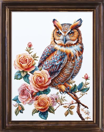 Image of Leczany Cross Stitch Patterns Stamped Kit for Beginners | Embroidery Supplies DIY Craft Kit Needlepoint for Adults Starter | 11CT, 3 Strands | Owls on Flower Branches 15.8x20.9 inches