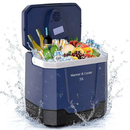 Image of 35QT Electric Cooler, Portable Car Refrigerator & Plug-In Cooler with 12V DC & AC Power, Travel Cooler for Camping, Road Trips, Truck Travel & Home Use, car fridge with Locking Handle
