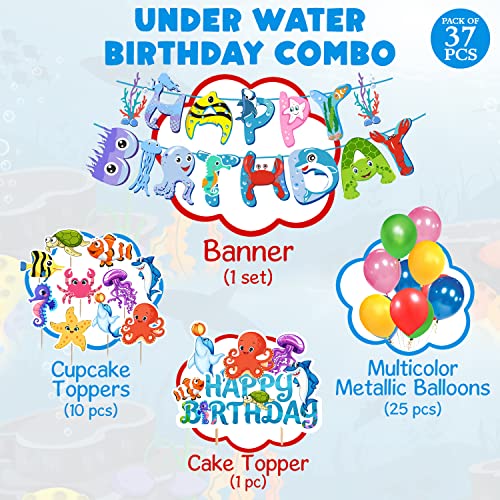 Image of Zyozique 37 Piece Ocean Theme Party Decoration,Under The Sea Happy Birthday Paper Banner Balloons Cake and Cup Cake Toppers Kit, Underwater Animals Sign Party Supplies