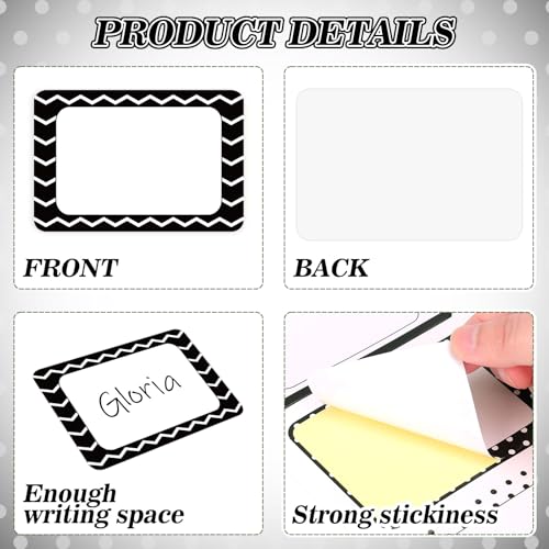 Image of Whaline 180 Pcs Back to School Name Tag Stickers Self-Adhesive Nameplate Decal Black White Polka Dot Stripe Plaid Blank Name Label for School Classroom Bulletin Board Desk Wall Decor
