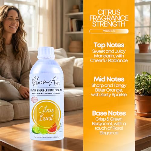 Image of Citrus Burst Diffuser Oil for Home Fragrance, 1 Litre Refill, Water-Soluble, Strong & Long-Lasting Aroma Infused with 3X Hyper Boost Action for use in Home and Office