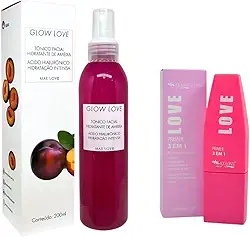 Kit Hidratação e preparação pré maquiagem- Primer Hidratante e Fixador Pré Maquiagem 3 em 1 com Vitamina C e Ácido Hialurônico + Tônico Facial GLOW LOVE de Ameixa - Pele Radiante e Duradoura M. Love