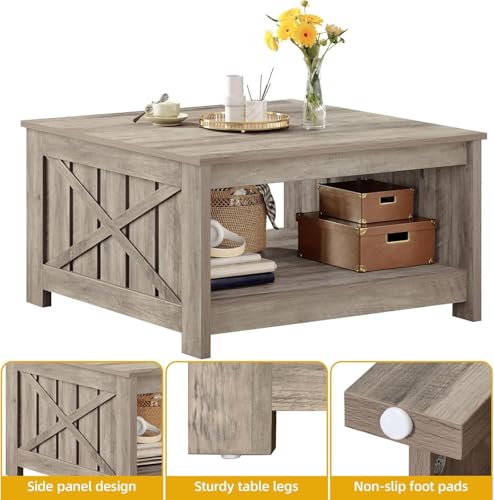 DWVO Square Coffee Table for Living Room, Farmhouse Coffee Table with Storage, 2-Tier Wood Coffee Tables Center Table with Half Open Storage Compartment, Rustic Grey