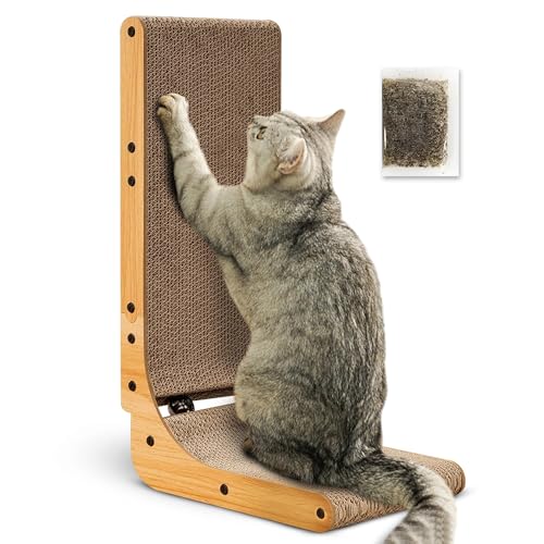 SAWA Cat Scratcher Large 26.8 Inch Cardboard L Shape Cat Scratch Pad Vertical Cat Scratching Board with Built-in Catnip Toy Ball Wall-Mount Cat Scratchers for Indoor Cats