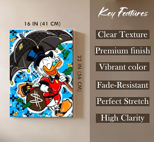Image of Luxury Cartoon Duck Pop Art Canvas Wall Art Painting For Living Room | Money & Success Theme Street Art Wall Art Painting | Modern Graffiti Style Artwork for Home & Office, 41x56 cm