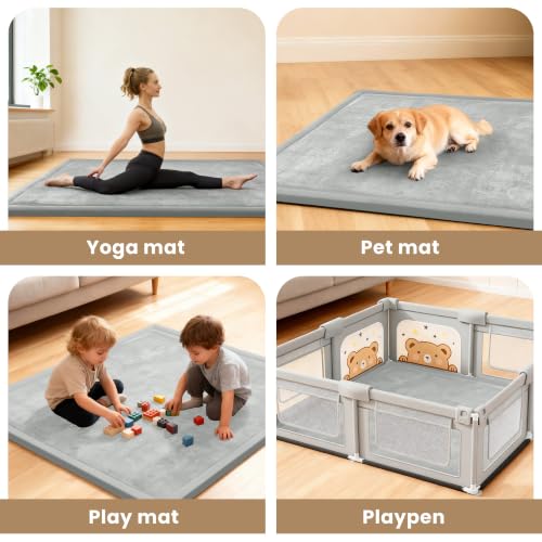 Image of ACOMOPACK Baby Play Mat for Floor,1.3 inch Thick Elasti-Foam 59 inchx71 inch Non-Slip Water Repellent,Non-Toxic Playpen Mat for Infants Toddlers Kids, Ultra Soft Coral Velvet for Tummy Time Crawling(Light Grey)