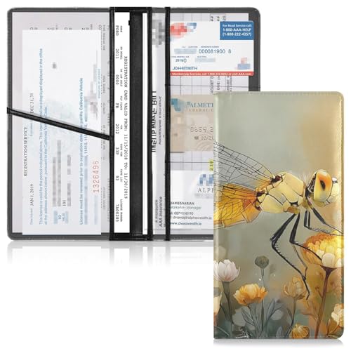 Car Registration and Insurance Holders Dragonfly Flowers Print, PU Leather for License Documents Cards