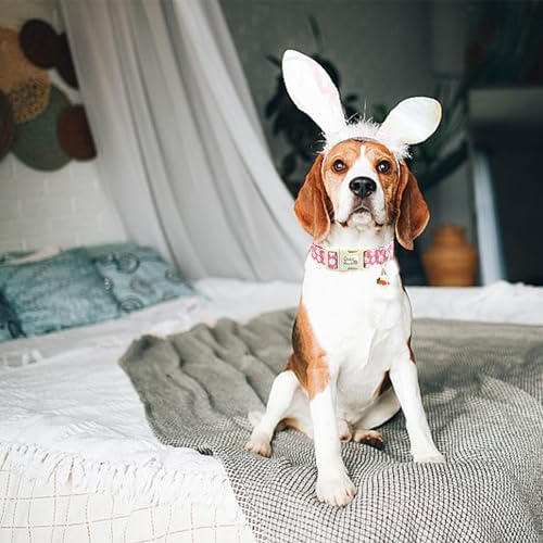 Image of Easter Dog Collar-Cute Rabbit Adjustable Pet Collar Soft Pink Holiday Puppy Collar Comfortable Cotton Necklace Gift for Small Dogs