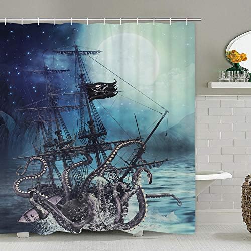 Octopus Shower Curtain Ocean Kraken Attack Nautical Pirate Ship Shower Curtain with 12 Hooks, Octopus Tentacles Sailboat Wave Mountain Under Moon Starry Sky Shower Curtain, Waterproof Durable