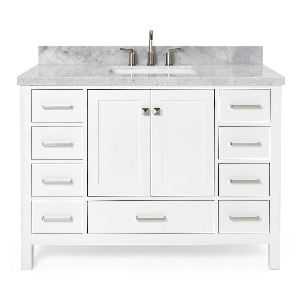 ARIEL Cambridge 49" White Bathroom Vanity with Sink, 1.5" Edge Italian Carrara Marble Countertop & Backsplash, Rectangular Sink, 2 Soft Closing Doors, 9 Full Extension Dovetail Drawers, Brushed Nickel
