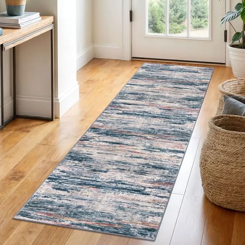 2x6 Teal Blue Peach Gray Multi Modern Abstract Runner Rug for Hallway, Super Soft Hallways Decor Kitchen Rugs with Non-Slip, Non-Shedding Washable Rug for Entryway Bedroom Laundry Indoor