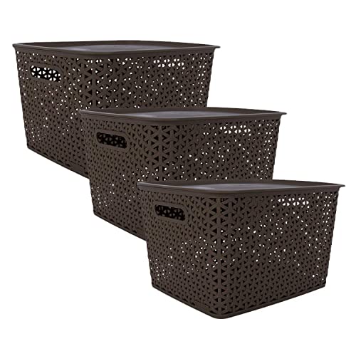 BEL CASA Royal Basket With lids-Large (Pack of 3 with 3 lids) Multipurpose Plastic Storage Rectangular Shape Baskets For Wardrobe/Home/Kitchen-Dark Brown
