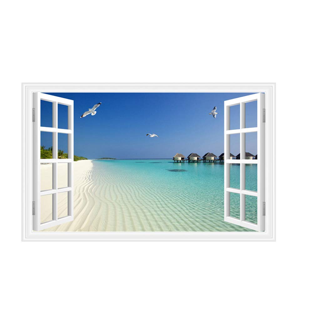 3D Fake Window Ocean Beach View Scenery Wall Sticker Decal